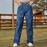 Pantalon cargo en denim délavé semi-élastique, pantalon décontracté